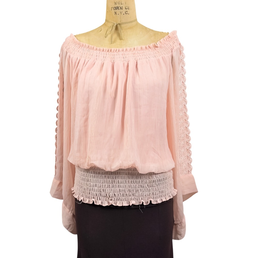 XOXO Coquette Crochet Lace Bell Sleeve Blouse Smocked Off Shoulder Ethereal Sz L